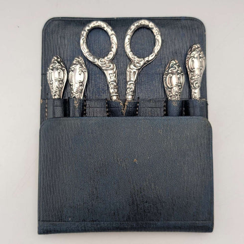1910 British antique sterling silver handle grooming set of 5, J&R Griffin, with case
