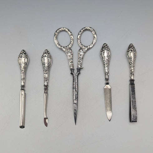 1910 British antique sterling silver handle grooming set of 5, J&R Griffin, with case