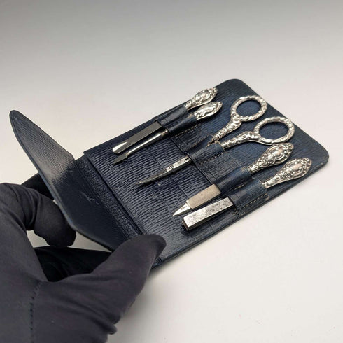 1910 British antique sterling silver handle grooming set of 5, J&R Griffin, with case