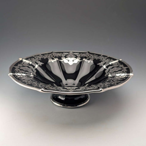 Cuenco americano antiguo de cristal ébano con revestimiento de plata, 28 cm de diámetro