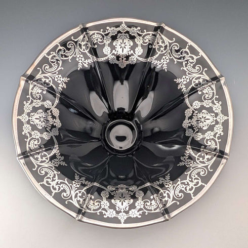 Cuenco americano antiguo de cristal ébano con revestimiento de plata, 28 cm de diámetro