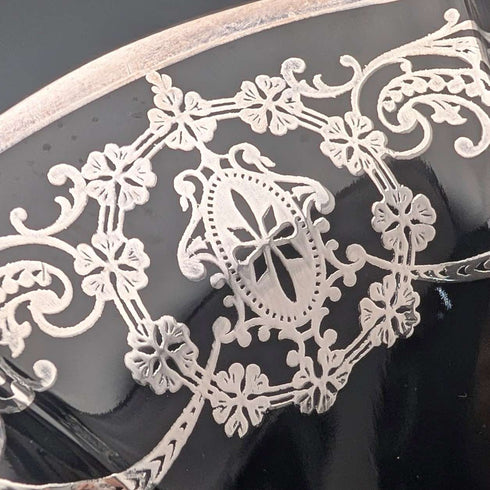 Cuenco americano antiguo de cristal ébano con revestimiento de plata, 28 cm de diámetro