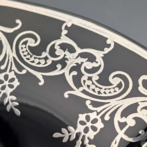 Cuenco americano antiguo de cristal ébano con revestimiento de plata, 28 cm de diámetro
