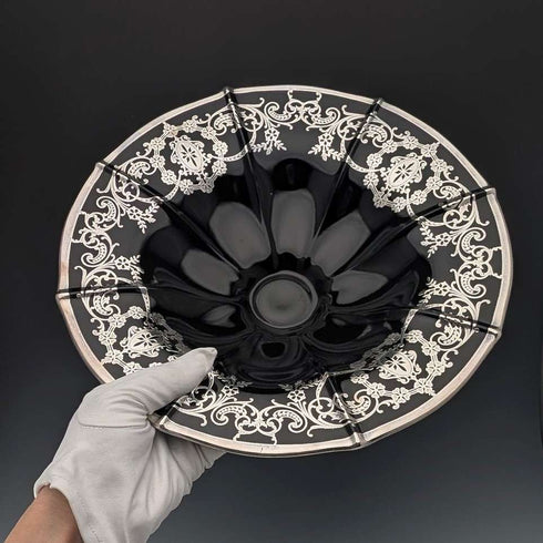 Cuenco americano antiguo de cristal ébano con revestimiento de plata, 28 cm de diámetro