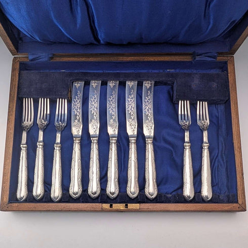 1923 British Antique Pure Silver Handle Dessert Cutlery 5 Pair Yates Brothers Wooden Box