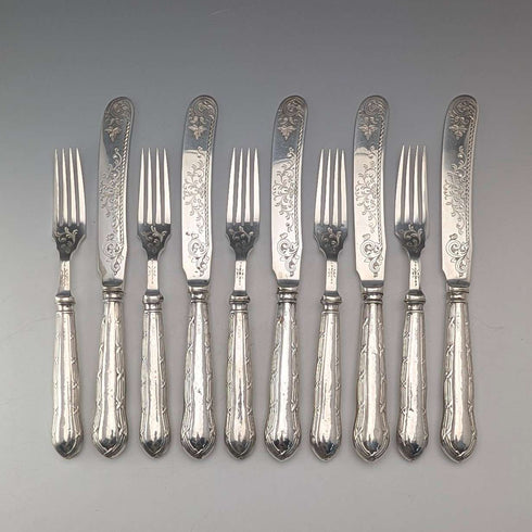 1923 British Antique Pure Silver Handle Dessert Cutlery 5 Pair Yates Brothers Wooden Box