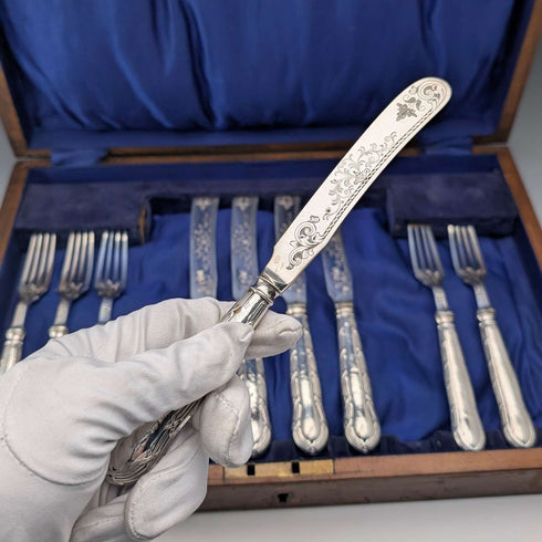 1923 British Antique Pure Silver Handle Dessert Cutlery 5 Pair Yates Brothers Wooden Box
