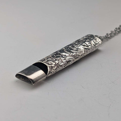 Silbato de plata de ley con decoración floral, antiguo, británico, de 1902, William Manton, con cadena