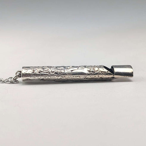 Silbato de plata de ley con decoración floral, antiguo, británico, de 1902, William Manton, con cadena