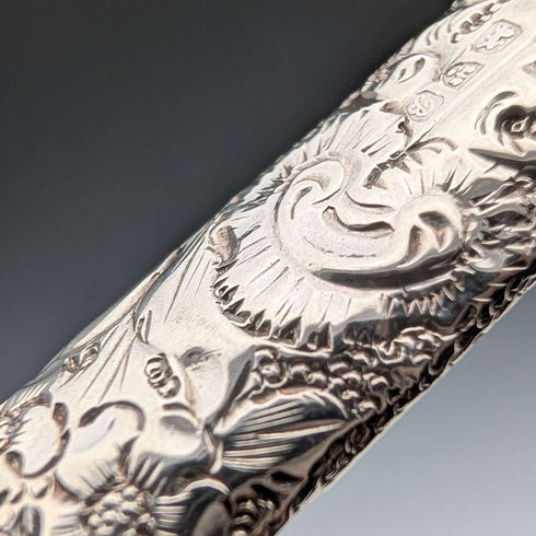 Silbato de plata de ley con decoración floral, antiguo, británico, de 1902, William Manton, con cadena