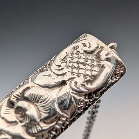 Silbato de plata de ley con decoración floral, antiguo, británico, de 1902, William Manton, con cadena