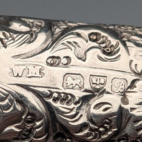 Silbato de plata de ley con decoración floral, antiguo, británico, de 1902, William Manton, con cadena