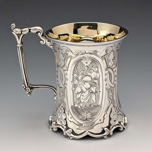 1854 British antique sterling silver mug with floral decoration, 163g, John Evans II
