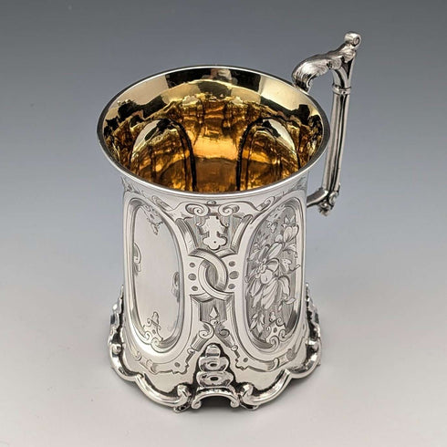 1854 British antique sterling silver mug with floral decoration, 163g, John Evans II