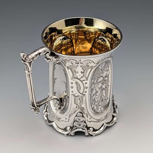 1854 British antique sterling silver mug with floral decoration, 163g, John Evans II