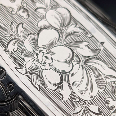1854 British antique sterling silver mug with floral decoration, 163g, John Evans II