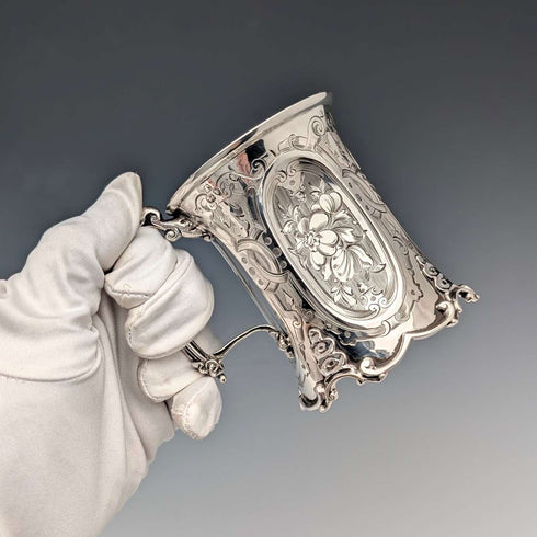 1854 British antique sterling silver mug with floral decoration, 163g, John Evans II