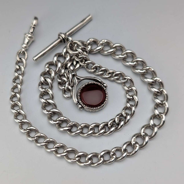 Circa 1914 British antique sterling silver Albert chain, 38g, sterling silver base, two-tone rotating fob