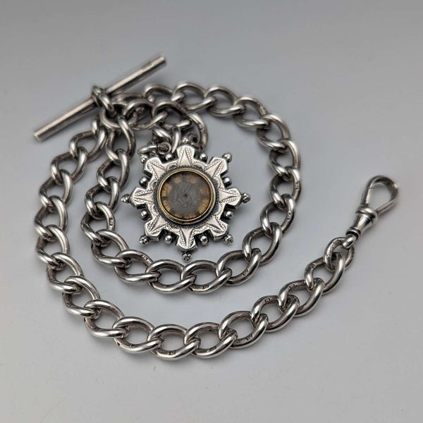 1893年 英国アンティーク 純銀製アルバートチェーン 42g 純銀台座コンパスフォブ