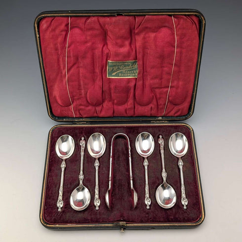 1899年 英国古董纯银使徒茶匙6件套及糖夹,总重106克,带盒,Harrison Brothers & Howson出品