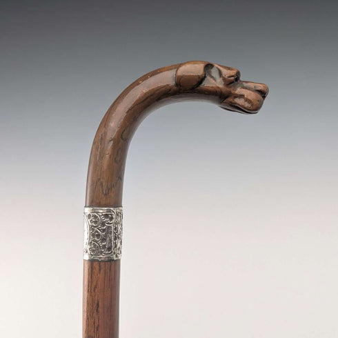 1919 British antique brown shaft dog head handle pure silver decorated walking stick 87cm Jonathan Howell