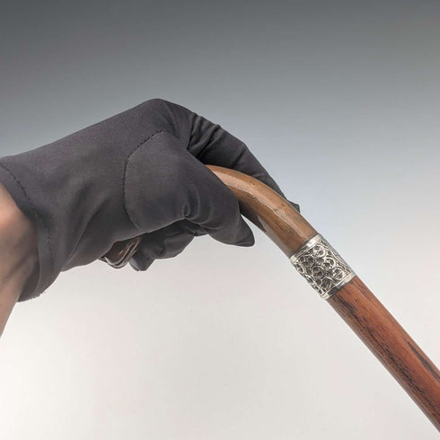 1919 British antique brown shaft dog head handle pure silver decorated walking stick 87cm Jonathan Howell
