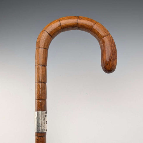 Circa 1921 British antique brown shaft, curved handle, pure silver decoration, walking stick, 88cm