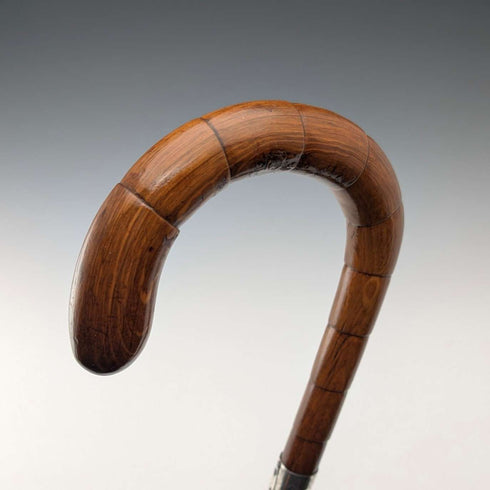 Circa 1921 British antique brown shaft, curved handle, pure silver decoration, walking stick, 88cm