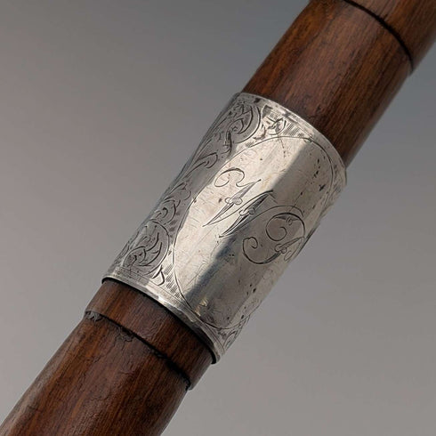 Circa 1921 British antique brown shaft, curved handle, pure silver decoration, walking stick, 88cm