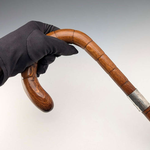 Circa 1921 British antique brown shaft, curved handle, pure silver decoration, walking stick, 88cm