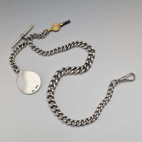 1895 British Antique Sterling Silver Albert Chain, 64g, Sterling Silver Soccer Medal Fob