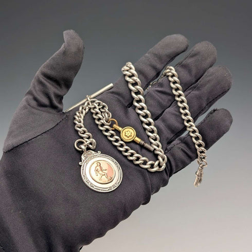1895 British Antique Sterling Silver Albert Chain, 64g, Sterling Silver Soccer Medal Fob