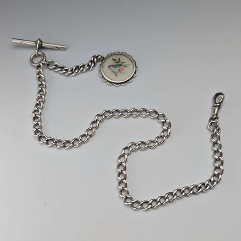Hacia 1915, cadena Albert de plata esterlina antigua inglesa, 36 g, con dije de pajarito pintado a mano
