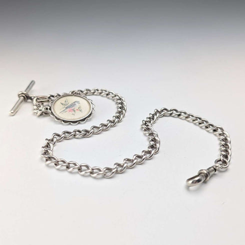 Hacia 1915, cadena Albert de plata esterlina antigua inglesa, 36 g, con dije de pajarito pintado a mano