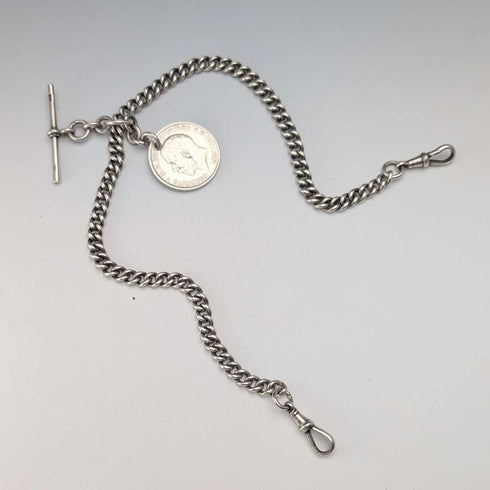 Cadena Albert doble de plata de ley antigua británica de 1923, 56 g, con moneda fob de plata de 1 florín, Britton & Sons