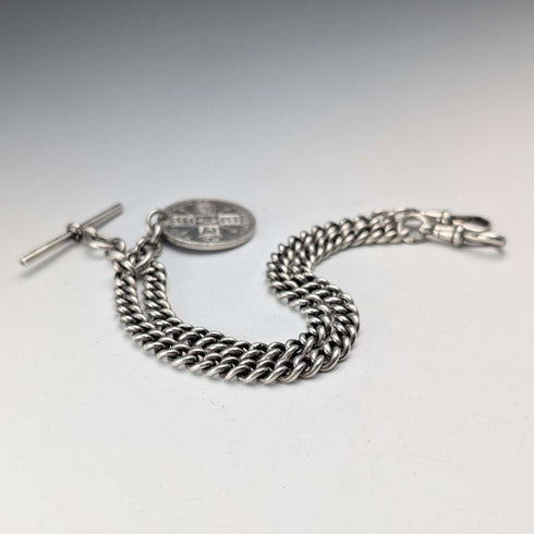 Cadena Albert doble de plata de ley antigua británica de 1923, 56 g, con moneda fob de plata de 1 florín, Britton & Sons