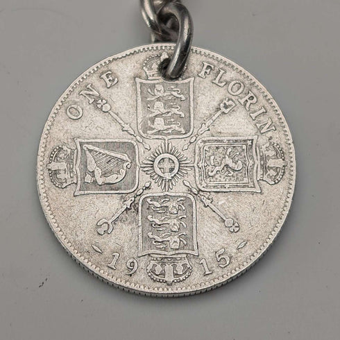Cadena Albert doble de plata de ley antigua británica de 1923, 56 g, con moneda fob de plata de 1 florín, Britton & Sons