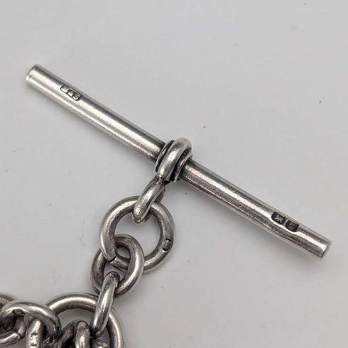 Cadena Albert doble de plata de ley antigua británica de 1923, 56 g, con moneda fob de plata de 1 florín, Britton & Sons
