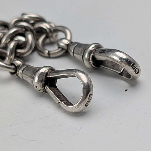 Cadena Albert doble de plata de ley antigua británica de 1923, 56 g, con moneda fob de plata de 1 florín, Britton & Sons