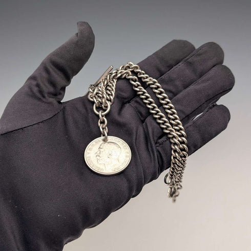 Cadena Albert doble de plata de ley antigua británica de 1923, 56 g, con moneda fob de plata de 1 florín, Britton & Sons