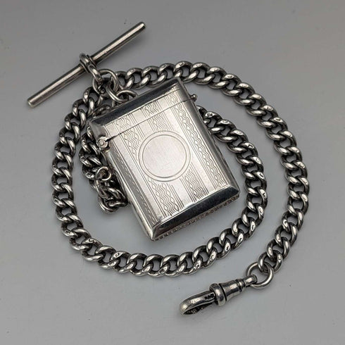 Cadena Albert de plata de ley antigua británica de 1920, 52 g, con petaca de plata de ley incluida.