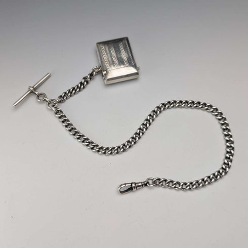 Cadena Albert de plata de ley antigua británica de 1920, 52 g, con petaca de plata de ley incluida.