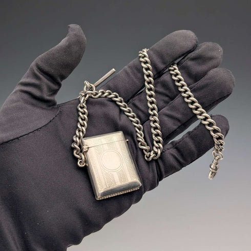 Cadena Albert de plata de ley antigua británica de 1920, 52 g, con petaca de plata de ley incluida.