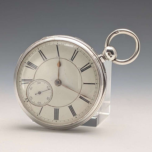 1881 British antique John Cowgill sterling silver pocket watch with key winding mechanism, 53mm diameter, in good working order