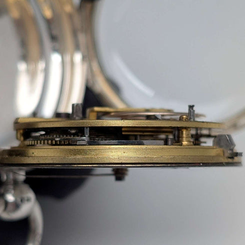 1881 British antique John Cowgill sterling silver pocket watch with key winding mechanism, 53mm diameter, in good working order
