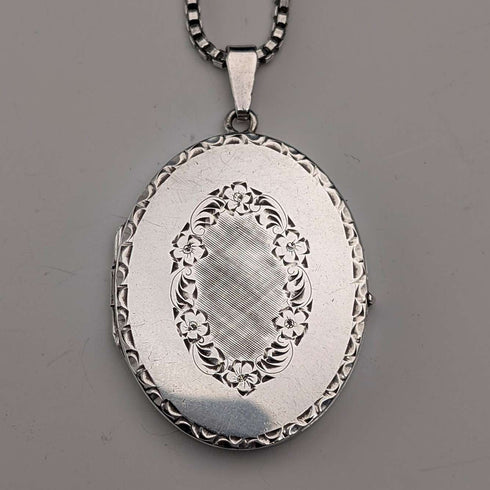 Colgante relicario ovalado de plata de ley vintage británica con cadena de plata de ley, 19 g en total DJ