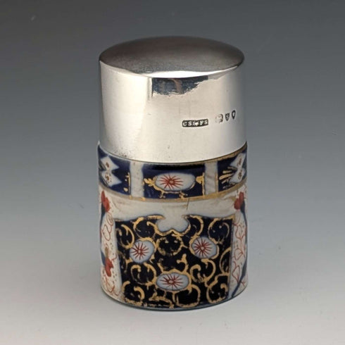 1893 British Antique Silver Lid Imari Pattern Ceramic Bottle Jar by Saunders & Shepherd