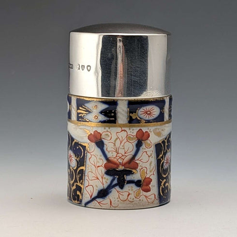 1893 British Antique Silver Lid Imari Pattern Ceramic Bottle Jar by Saunders & Shepherd