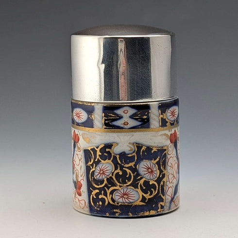 1893 British Antique Silver Lid Imari Pattern Ceramic Bottle Jar by Saunders & Shepherd