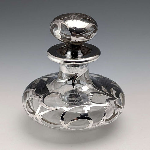 Antique American Art Nouveau Silver Overlay Glass Perfume Bottle, Alvin